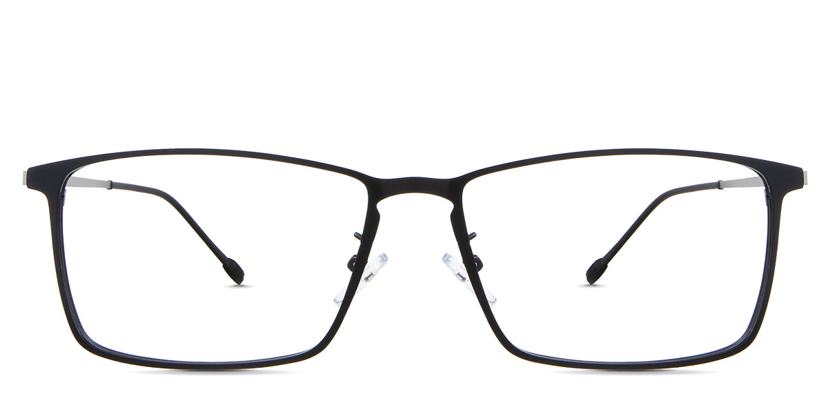 Ares Eyeglasses in the raven variant - it's a rectangular metal frame.