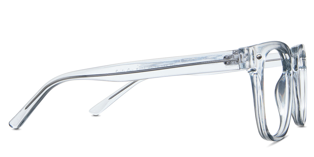 Ariella eyeglasses in the palesmoke variant - have a visible silver wire core in the arm.