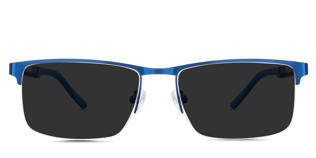 Colson Gray Polarized glasses in the cobalt - it's a half-rimmed frame and have an adjustable silicon nose pad.