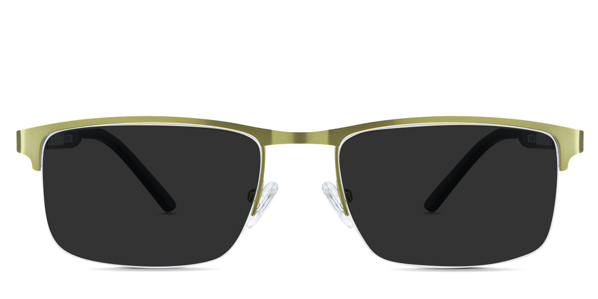Colson Gray Polarized glasses in the lime - are rectangular frames in an ant gold color and have a metal rim and acetate arm.