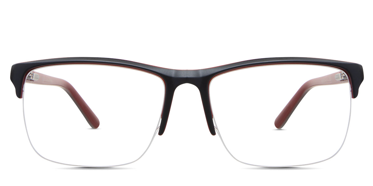 Dillon Eyeglasses in the garnet variant - it's a half-rimmed acetate frame in two-tone color.