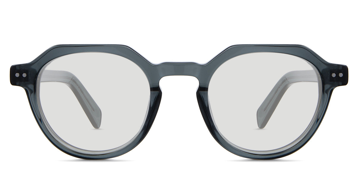 Ellis black tinted Standard Solid glasses in granite variant - is an acetate frame with extended end piece. It has a keyhole shaped nose bridge and the temple arms are 145mm length with visible wire core