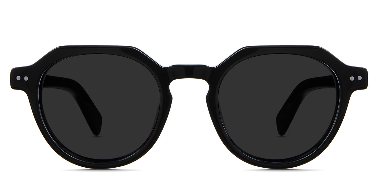 Ellis Gray Polarized in midnight variant - is a narrow acetate frame with 48mm width and 145mm medium thick temple arm . The extended end pieces in front have rivets design 