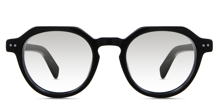 Ellis black tinted Gradient glasses in midnight variant - is a narrow acetate frame with 48mm width and 145mm medium thick temple arm . The extended end pieces in front have rivets design 