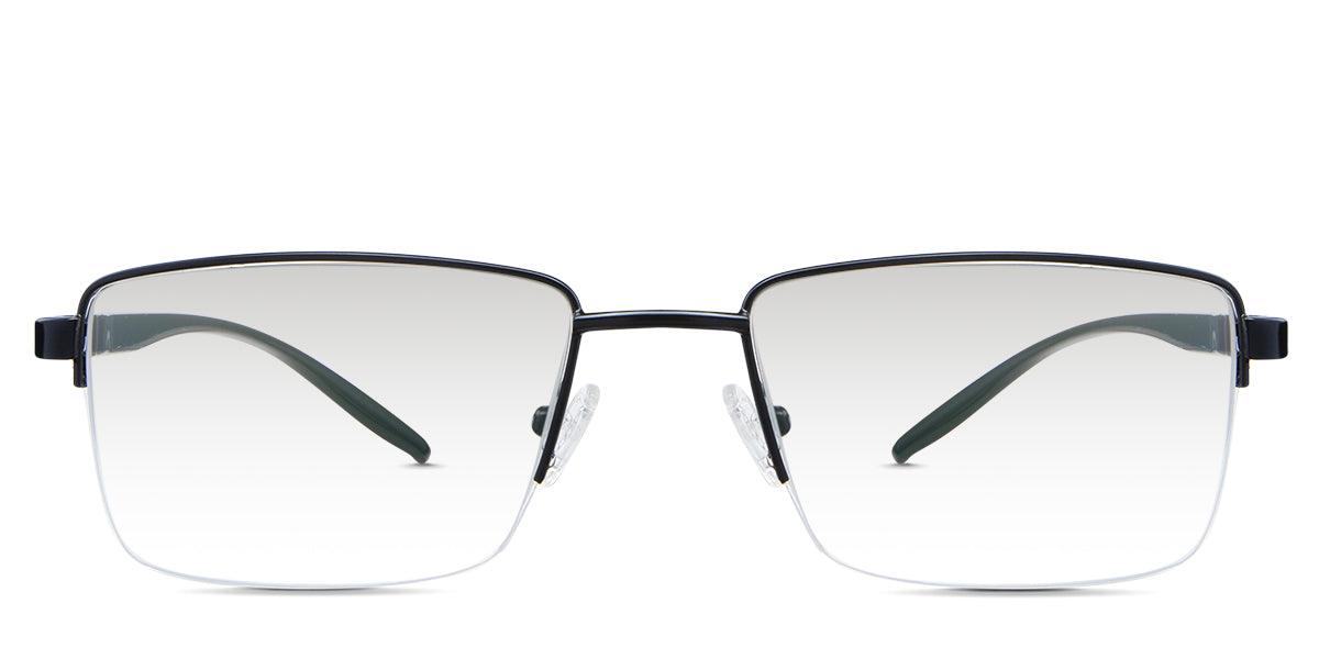 Elm black tinted Gradient glasses in the cemani variant - it's a rectangular frame with a straight and wide nose bridge and an acetate arm with a metal stripe pattern.