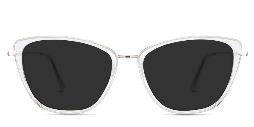 Ira Gray Polarized in the Selenite - it's a crystal clear cat-eye shape frame. An acetate frame with a gold metal rim.
