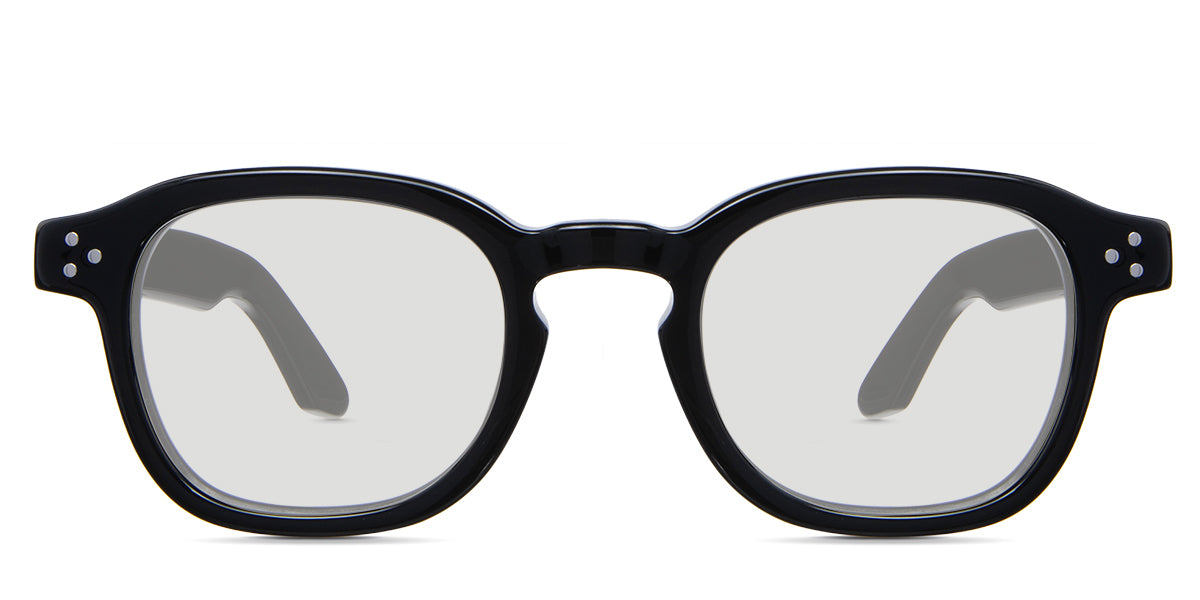 Jovi black tinted Standard Solid glasses in midnight variant - is an oval frame with a high nose bridge and a built-in nose pad.