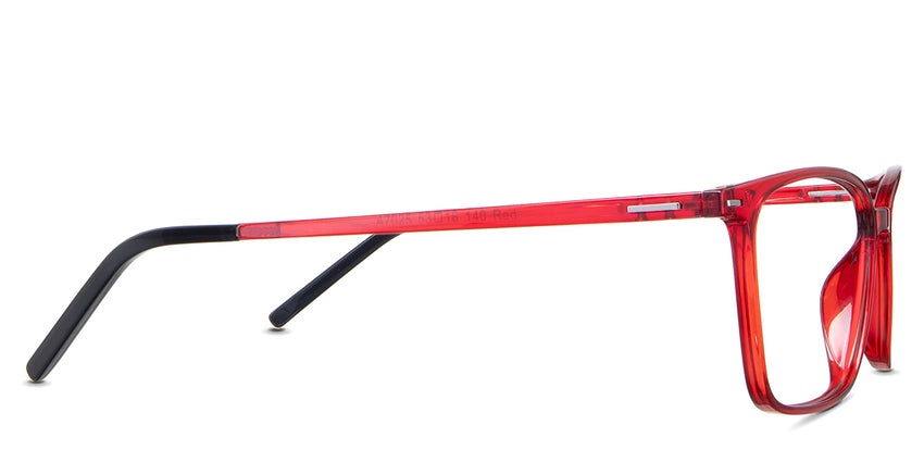 Kash Eyeglasses in firebrick - it's an acetate frame with two color arms.