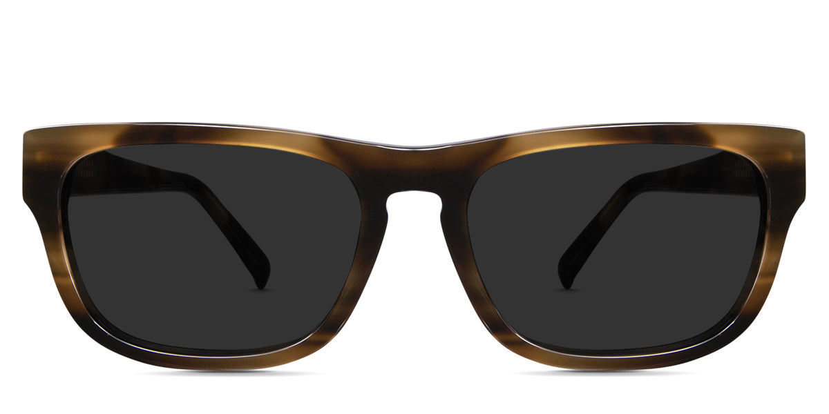 Keliot Gray Polarized glasses in the sable variant - it's a rectangular frame with a keyhole nose bridge type.