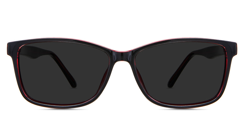 Kyra gray Polarized in the Burgundy variant - is a full-rimmed frame with a U-shaped nose bridge and a medium-thick temple arm.