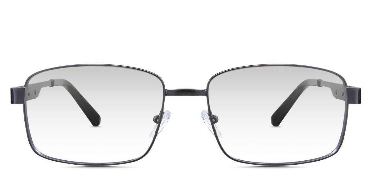 Leo black tinted Gradient glasses in the Gun variant - it's a metal frame with a narrow-width nose bridge and slim metal and acetate temples.