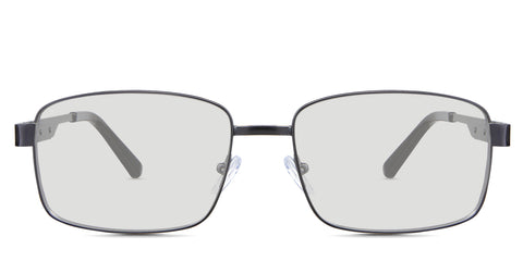 Leo black tinted Standard Solid glasses in the Gun variant - it's a metal frame with a narrow-width nose bridge and slim metal and acetate temples.