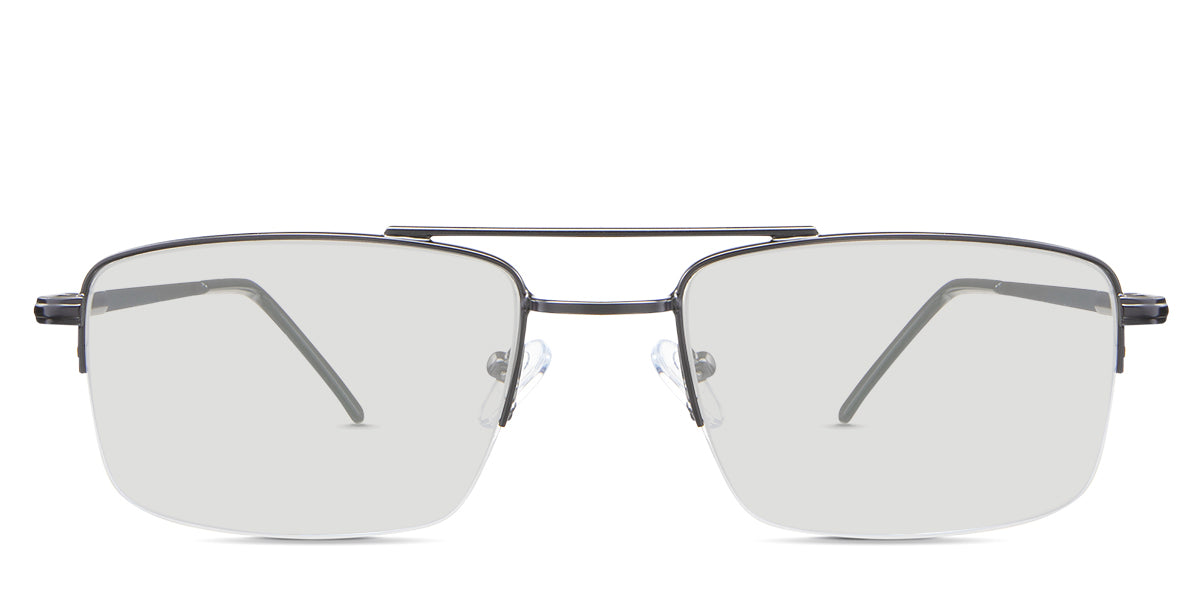 Lister black tinted Standard Solid glasses in the Stout variant - is a half-rimmed rectangular frame with a straight brow bar.