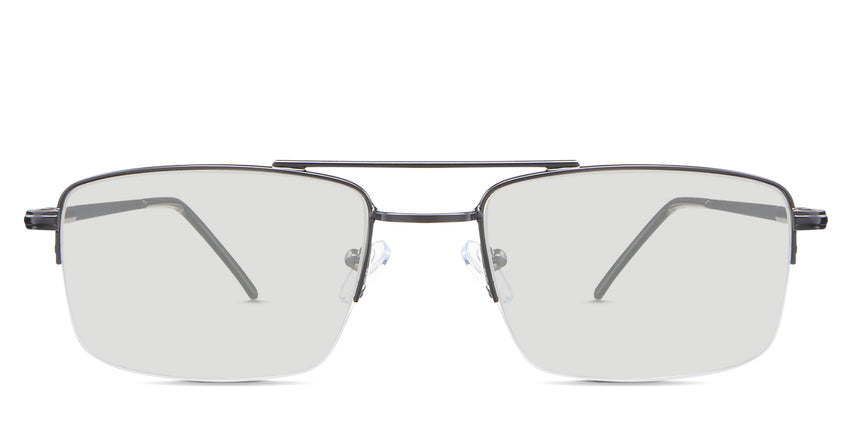 Lister black tinted Standard Solid glasses in the Stout variant - is a half-rimmed rectangular frame with a straight brow bar.