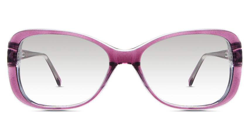 Lois Black tinted Gradient in the tayberry variant - is a full-rimmed frame with a narrow nose bridge and a name and size imprint inside the arm.