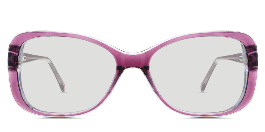 Lois Black tinted Standard Solid in the tayberry variant - is a full-rimmed frame with a narrow nose bridge and a name and size imprint inside the arm.