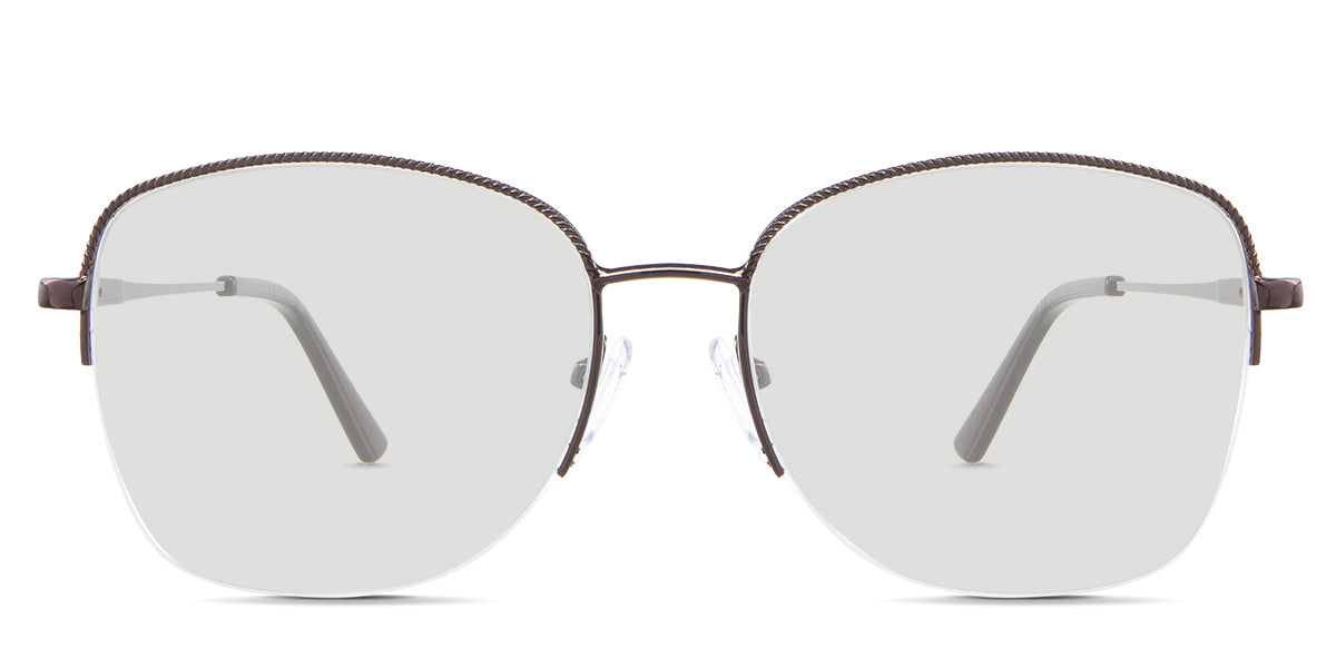 Moira black tinted Standard Solid glasses in the Panela variant - is a square oval-shaped frame with a rope pattern on the rim, and the frame information imprints to the temple tips.