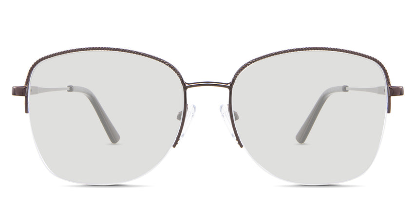 Moira black tinted Standard Solid glasses in the Panela variant - is a square oval-shaped frame with a rope pattern on the rim, and the frame information imprints to the temple tips.