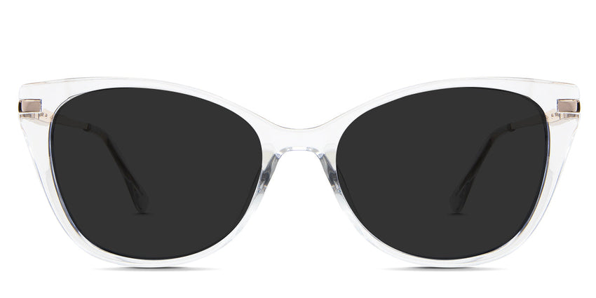 Rishi Gray Polarized in the Goshenite variant - it's a cat-eye shape frame with a narrow-width nose bridge, a metal arm, and acetate temple tips.