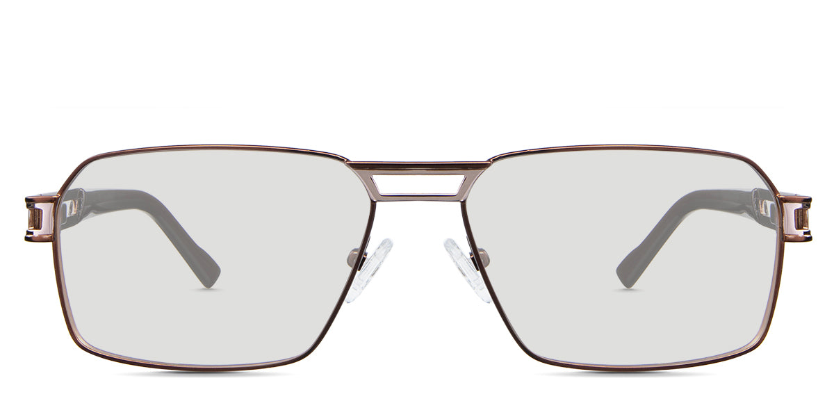 Twan black tinted Standard Solid glasses in the munia variant - it's a full-rimmed aviator metal frame with a narrow nose bridge with two bars and a cutting stripe on the metal arm and acetate tips.