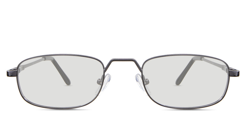 Zoey black tinted Standard Solid in the Gunmetal variant - is a full-rimmed metal frame with a high hat-shaped nose bridge and an acetate temple tip.