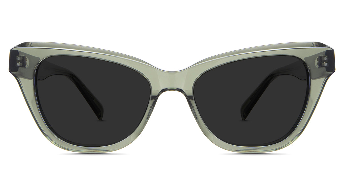 Ada Gray Polarized in the forest variant - is a transparent frame with a cat-eye shape viewing lens and has a company name imprinted inside the right arm.
