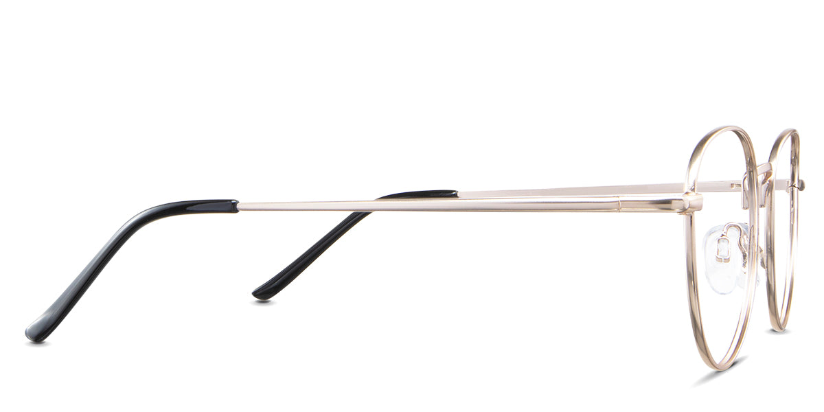 Allison eyeglasses in the mimosa variant - have a gold temple arm and black temple tips.