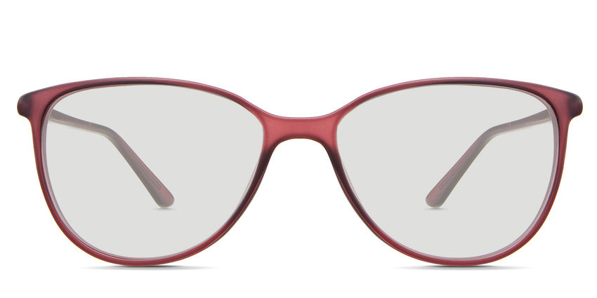 Amara black tinted Standard Solid glasses in the Rhodolite variant - it's a lightweight oval frame with a low nose bridge and a built-in nose pad.