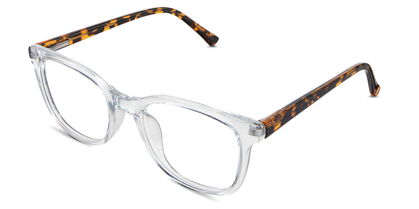 Arbor eyeglasses in the lemurian variant - have a transparent-rimmed frame and a tortoise arm.