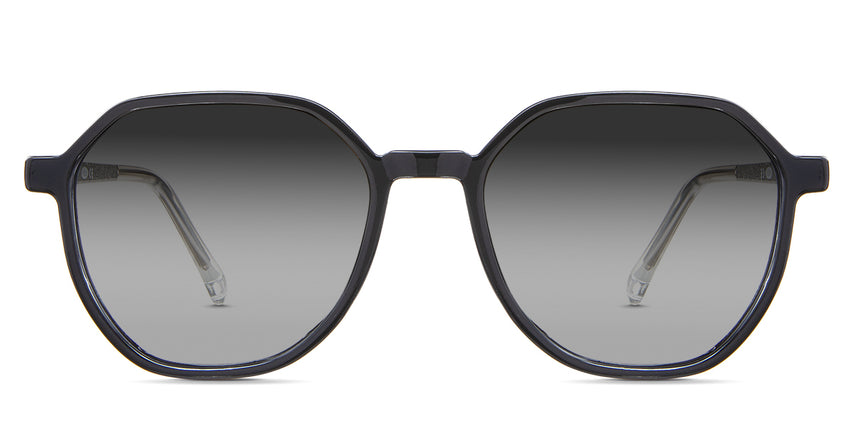 Ash black tinted Gradient sunglasses in the Basalt variant - is a geometric acetate frame with a wide viewing lens and a slim temple arm with frame info imprint inside the left arm.