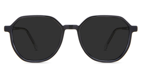 Ash black tinted Standard Solid sunglasses in the Basalt variant - is a geometric acetate frame with a wide viewing lens and a slim temple arm with frame info imprint inside the left arm.