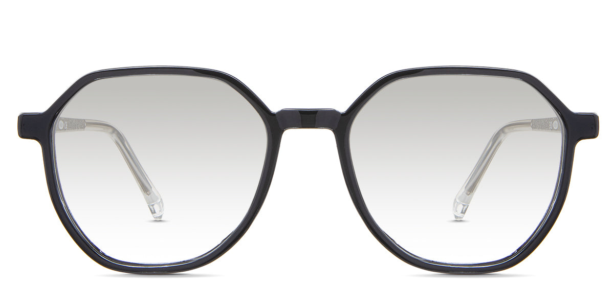 Ash black tinted Gradient glasses in the Basalt variant - is a geometric acetate frame with a wide viewing lens and a slim temple arm with frame info imprint inside the left arm.
