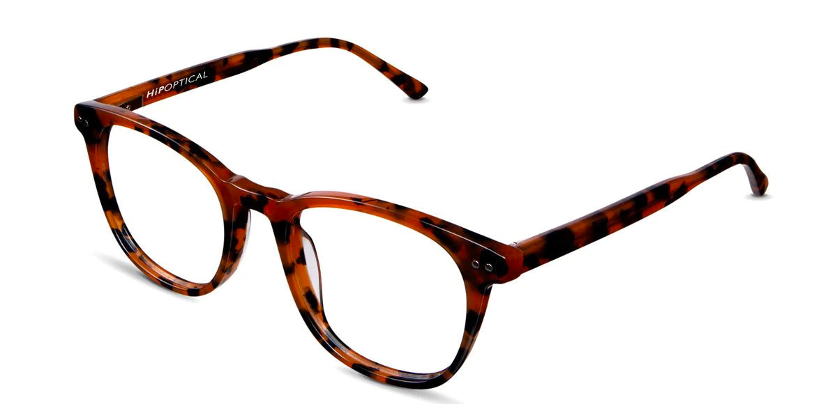 Batista frame in apple cider variant - it has thin arms written hip optical on the right arm made with acetate material