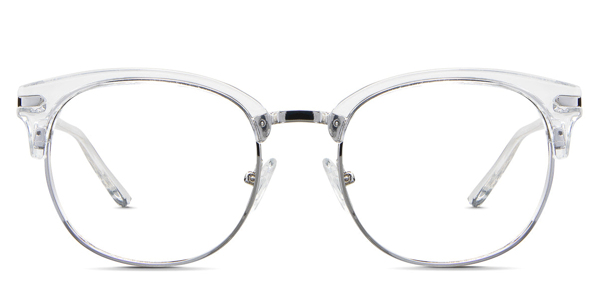 Bayler Eyeglasses in the chelus variant - it's a cat-eye frame with tortoise acetate on the top rim.