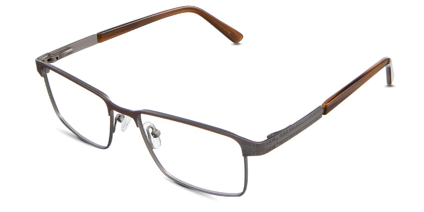 Benge Eyeglasses in the copper variant - it has a two-toned color of brown angle