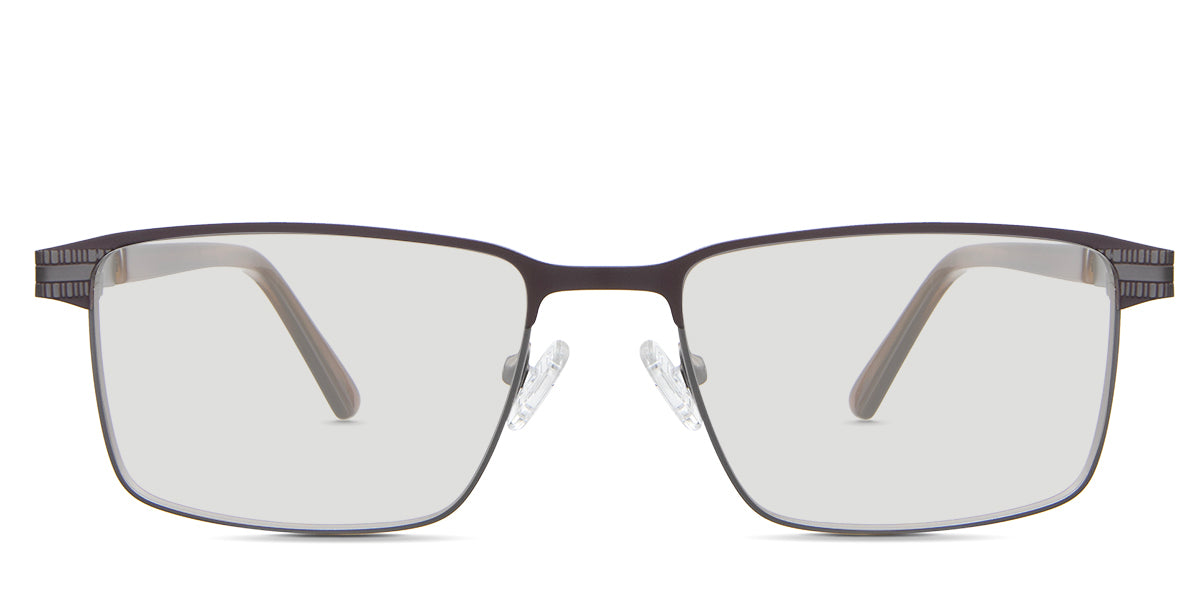 Benge black tinted Standard Solid glasses in mambas variant - it's a rectangular full-rimmed frame with a pattern from the end piece to the metal part of the arm.