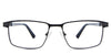 Benge Eyeglasses in the mambas variant -  it's a rectangular full-rimmed frame with a pattern from the end piece to the metal part of the arm.