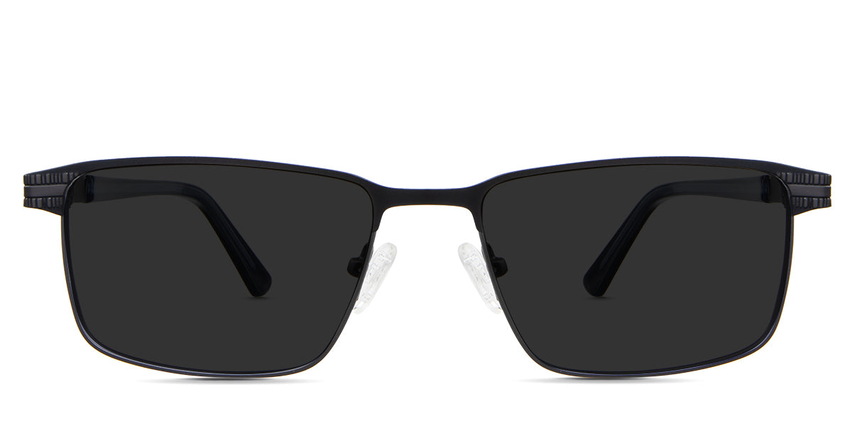Benge black tinted Standard Solid sunglasses in mambas variant - it's a rectangular full-rimmed frame with a pattern from the end piece to the metal part of the arm.