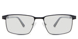 Benge black tinted Standard Solid glasses in mambas variant - it's a rectangular full-rimmed frame with a pattern from the end piece to the metal part of the arm.