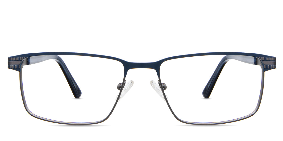 Benge Eyeglasses in the murgese variant - is a wide metal frame with a 17mm flat nose bridge and metal temple arms with acetate tips.