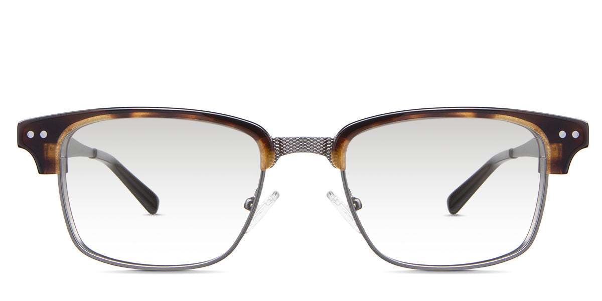 Brad black tinted Gradient  glasses in the Manouria variant - is a full-rimmed medium-sized frame with diamond emboss in the bridge, a broad metal arm, and regular thick acetate tips.