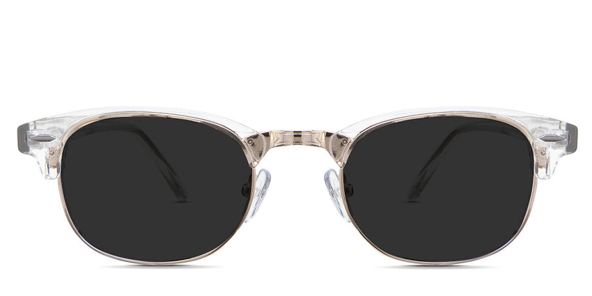 Brice Gray Polarized in the Moissanite variant - is a metal full-rimmed frame and an acetate half-rimmed frame with a decorative hexagon shape rivet at the end piece and has an acetate arm with a silver visible wire core.