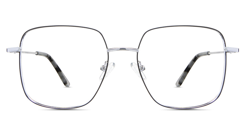 Carmela eyeglasses in the chinchilla variant - its a slightly tall metal frame in black and silver color.