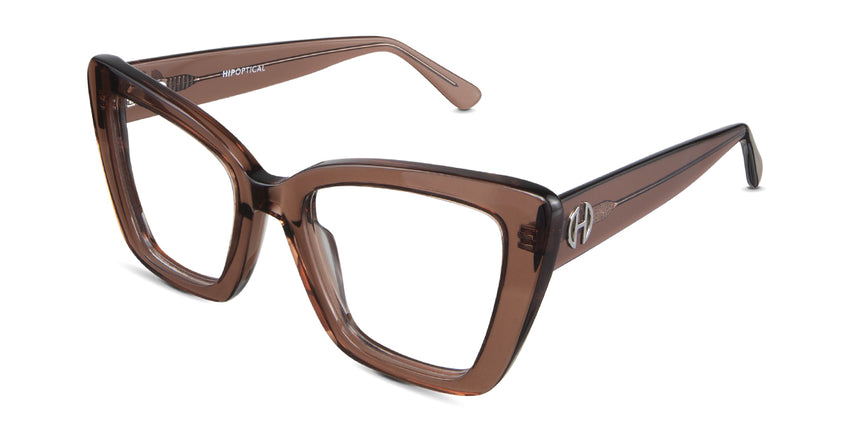 Chet acetate eyewear in the russet variant - it's a cat eye frame with a high nose bridge.