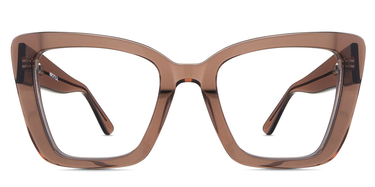 Chet eyewear in the russet variant - it's a bold frame with reddish orange-brown color. Cat-Eye best seller eyeglasses