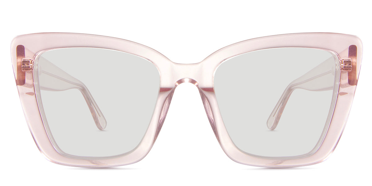 Chet black tinted Standard Solid sunglasses in the flamingo variant are a transparent frame with the company logo outside the temple arm on both sides.