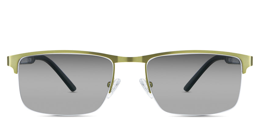 Colson black tinted Gradient sunglasses in the lime - are rectangular frames in an ant gold color and have a metal rim and acetate arm.