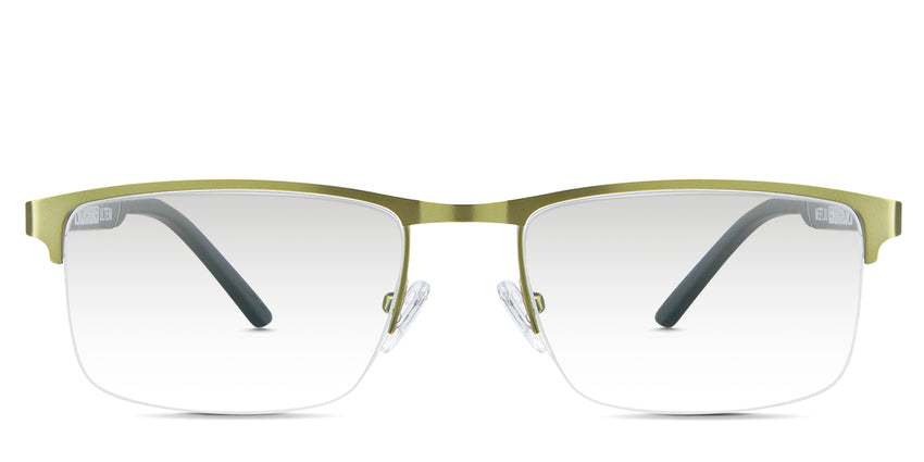 Colson black tinted Gradient sunglasses in the lime - are rectangular frames in an ant gold color and have a metal rim and acetate arm.