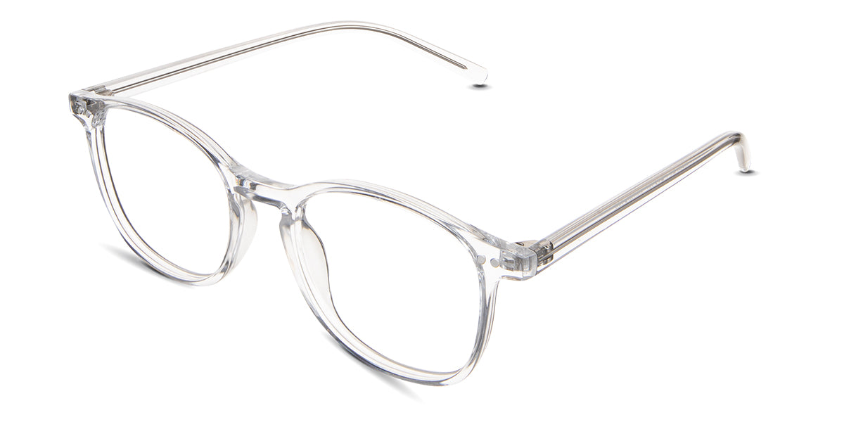 Coven eyeglasses in the cloudsea variant - have two round decorative rivets in both end pieces.
