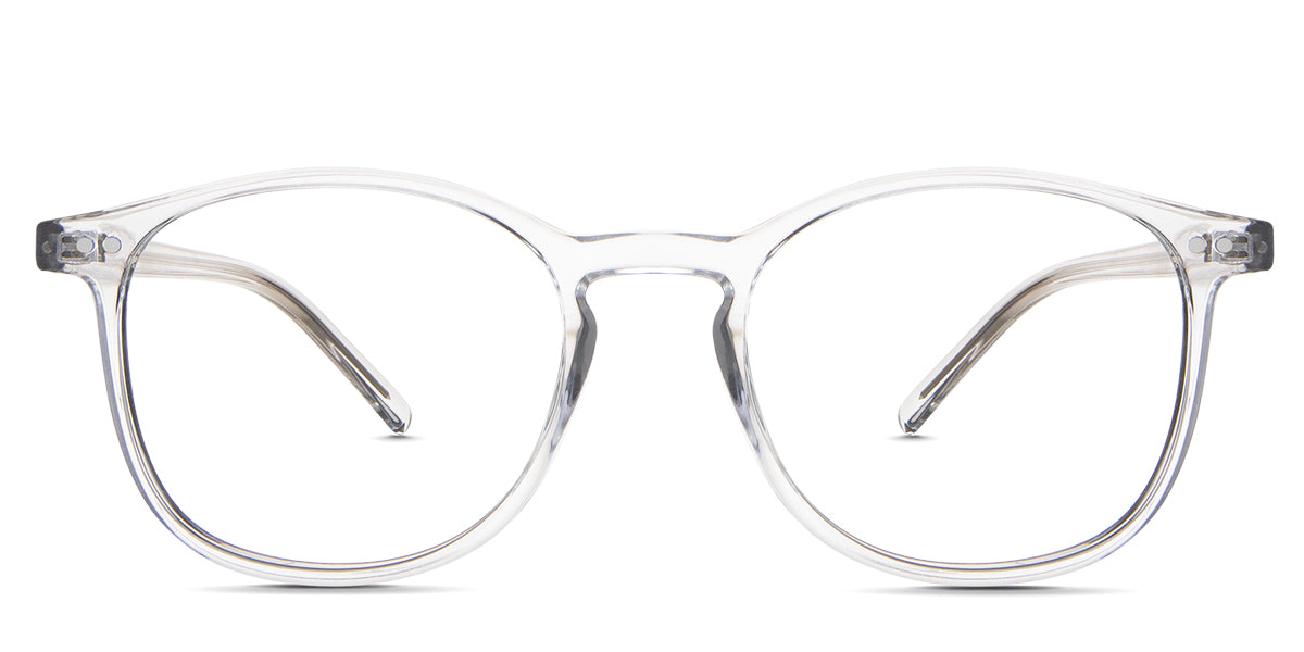 Coven Eyeglasses in the sealywood variant - have a keyhole nose bridge and extended endpiece.